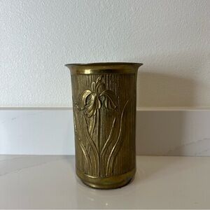 Vintage Brass Floral Embossed Cylinder Vase Gold Tone Decorative Home Accent